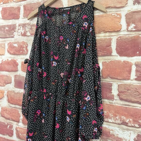 Express Dress Womens M Black Multicolor Floral Polka Dot Slit Tie Sleeve Casual - Picture 4 of 8